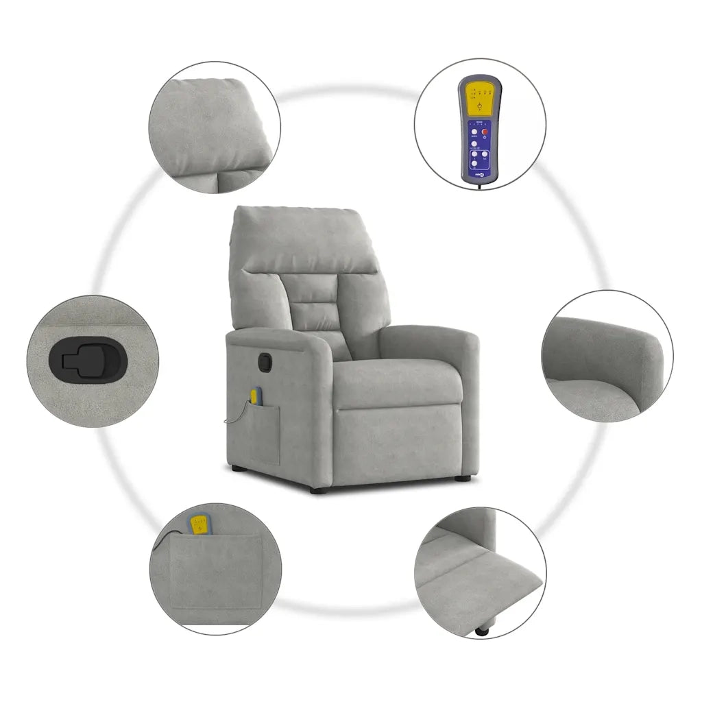 Divano Sedia-Poltrona Reclinabile Massaggio Grigio Chiaro Tessuto Microfibra 637215