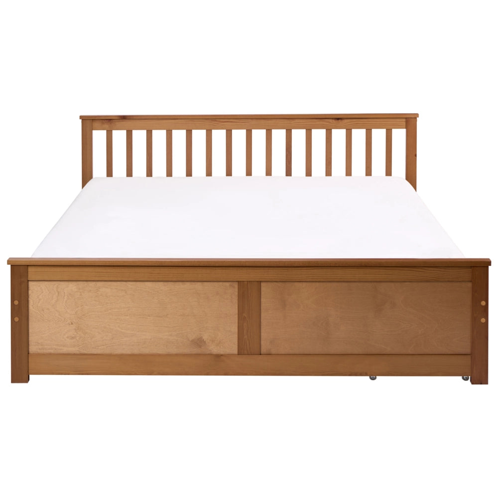 Letto matrimoniale in legno di Pino marrone con contenitore e 2 cassetti 180 x 200 cm Testiera a doghe minimalista