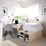 Letto per bambini Argh, Lettino singolo per cameretta, Set con scrivania e scaffali, 195x134h73 cm, Bianco e Rovere