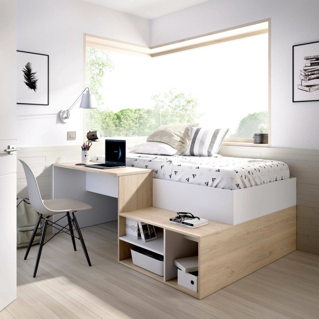 Letto per bambini Argh, Lettino singolo per cameretta, Set con scrivania e scaffali, 195x134h73 cm, Bianco e Rovere
