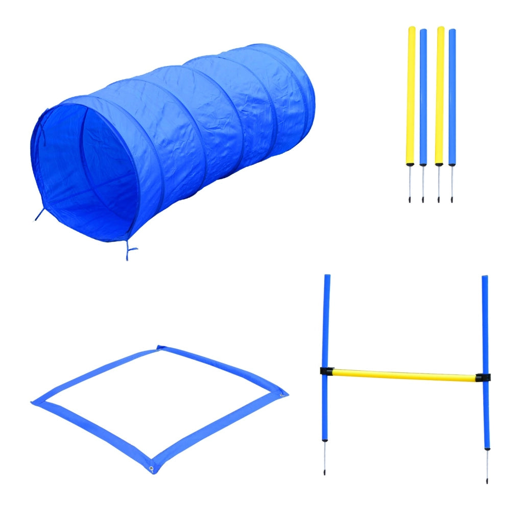 EasyComfort Set Agility Dog per Addestramento Cani con Tunnel, Slalom e Ostacolo, Sacca di Trasporto, Giallo e Blu