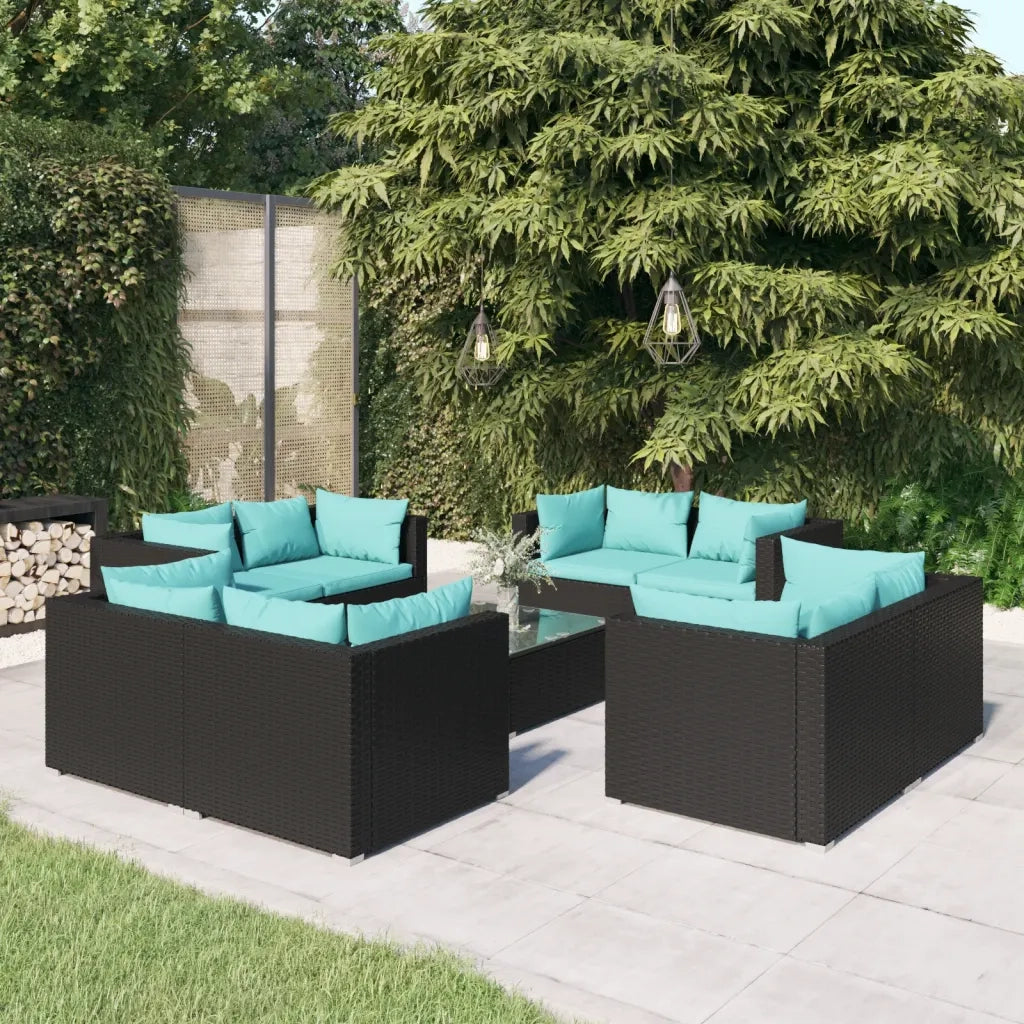 Set Divani da Giardino 9 pz con Cuscini in Polyrattan Nero 3101561