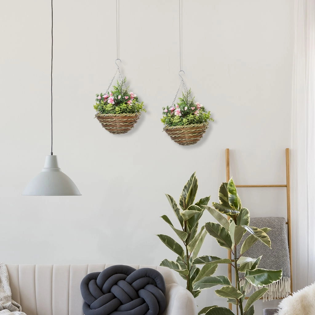 SET DI 2 PIANTE FINTE LISIANTHUS DA APPENDERE PER INTERNO ED ESTERNO CON VASO IN VIMINI E CATENELLE, ?25X34CM, ROSA E VERDE