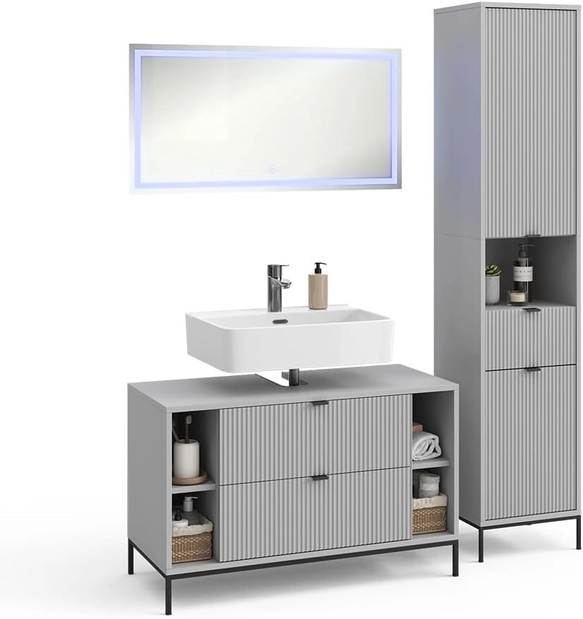 Set di mobili da bagno Eliza, Grigio, 100 cm, composto da mobile sottolavabo, specchiera e colonna alta