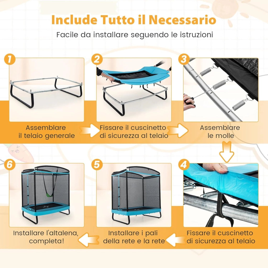 Trampolino per Bambini Rettangolare, Tappeto Elastico da Esterno ed Interno per Bambini da 190CM con Altalena e Rete di Sicurezza per Bambini più di 3 Anni, Portata 100kg