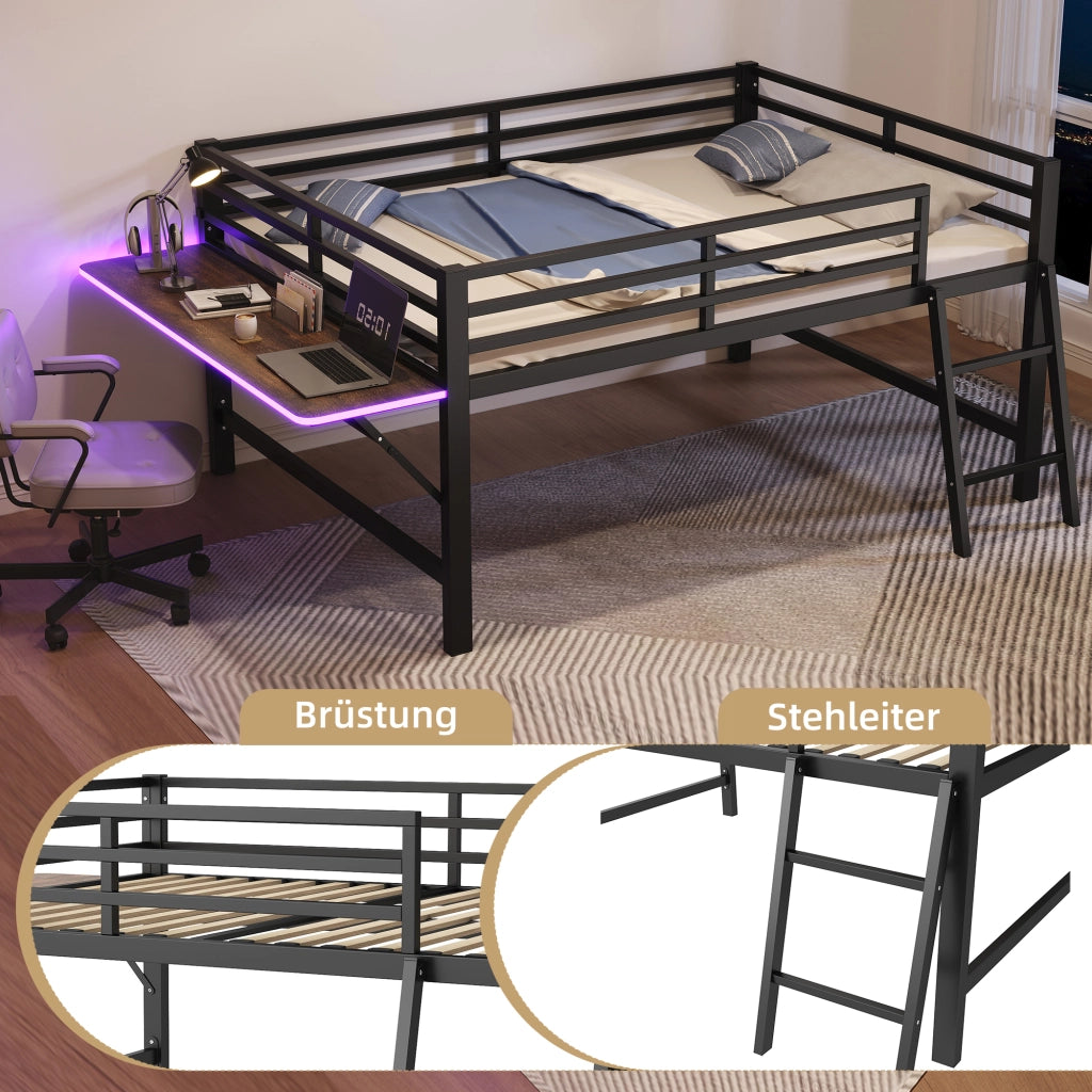 Letto a soppalco 140 × 200 cm con scrivania pieghevole, LED e sbarre di sicurezza, senza materasso, metallo, nero