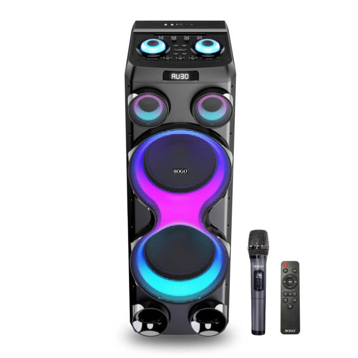 Cassa amplificata portatile 1800W PMPO, 150W RMS, Bluetooth TWS, LED RGB multicolore, karaoke microfono incluso - SOGO
