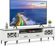 Mobile TV basso per TV fino a 80 pollici, Panca TV, 2 Armadietto con porta e ripiani aperti, Mobile telle con 2 cassetti e foro dei cavi, 180,5 x 35 x 46 cm (bianco)