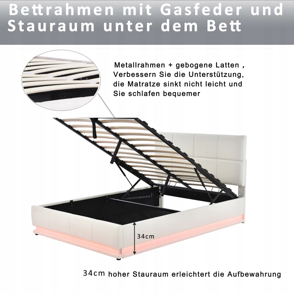 Letto imbottito 140x200 con LED, idraulico, bianco - Xylo