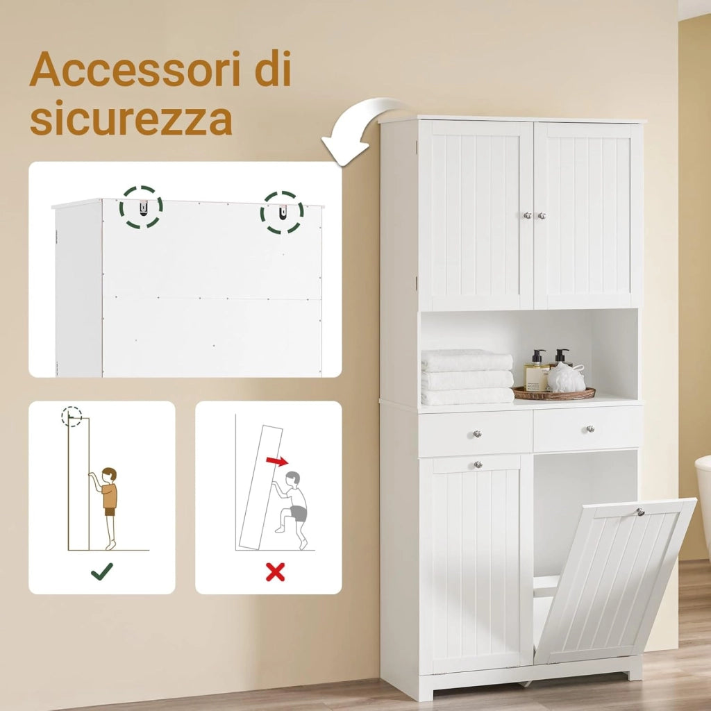 Mobile Bagno Salvaspazio con 2 Cesti Portabiancheria e 2 Cassetti Colonna Bagno Stretta 78x38x181cm Armadietto con Ripiano Aperto e Vano per Famiglie e Piccoli Spazi BZR215-W