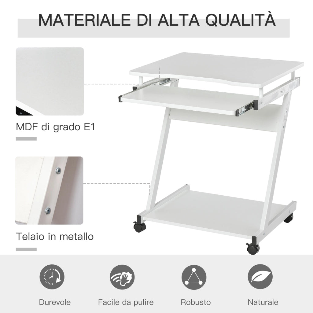 EasyComfort Tavolo Porta PC Classico e Salvaspazio, Piano Tastiera a Scomparsa, 4 Ruote e Ripiano Inferiore Bianco 60x48x73cm