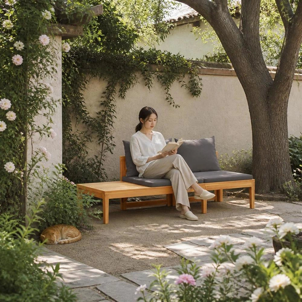 Garden Bench With Table & Dark Grey Cushions, Solid Acacia Wood