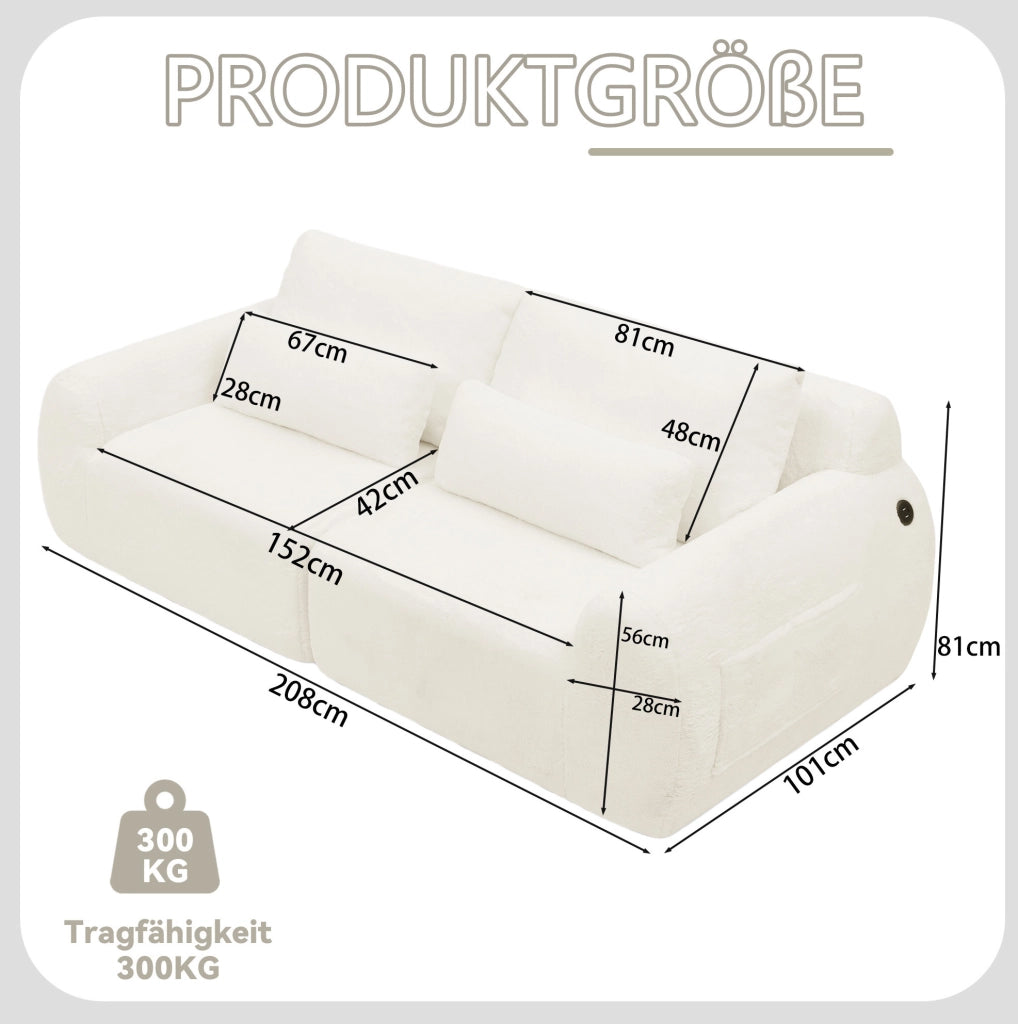 Divano 2 posti in tessuto effetto pelo di coniglio con USB e tasca laterale; beige