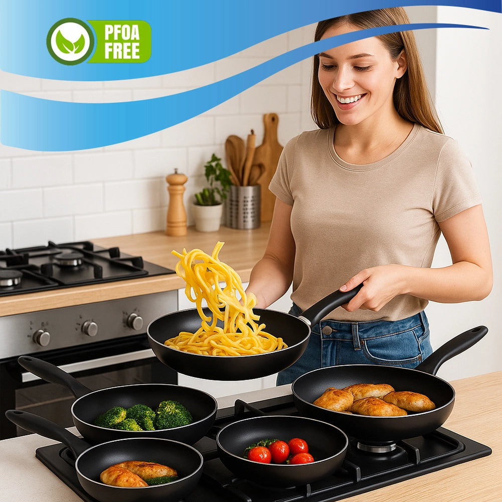 Set 4 Padelle Vulcano 16-20-24-28 cm Fornello Gas Antiaderente Manici Soft Touch