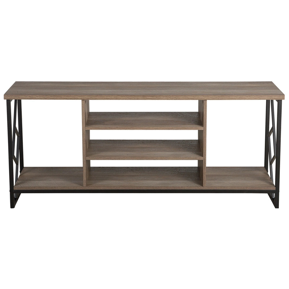 Mobile TV con finitura in legno scuro per TV fino a 60 pollici con struttura in metallo Nero con ripiani aperti