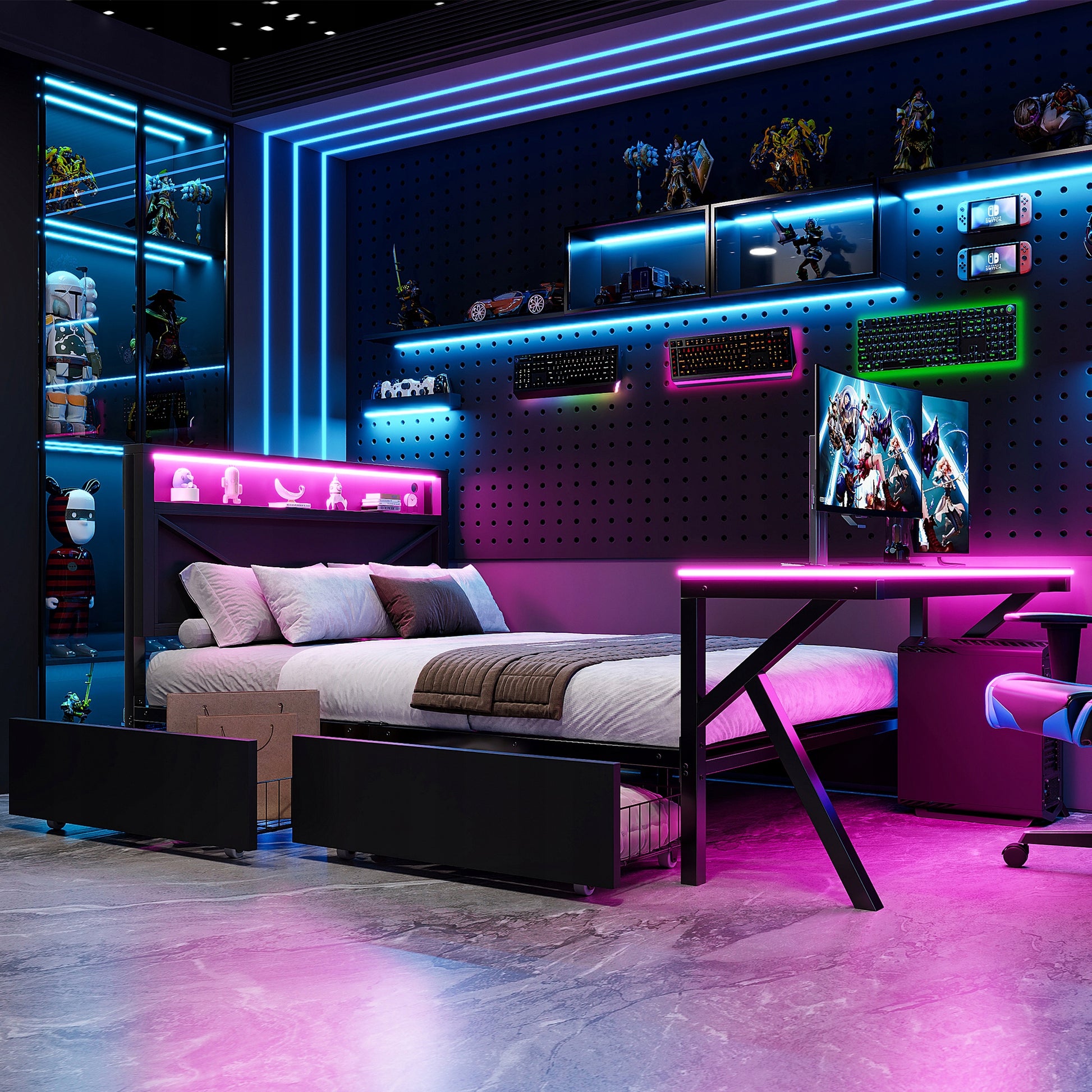 Letto gaming 140x200 - Xylo - LED, scrivania, cassetti, nero