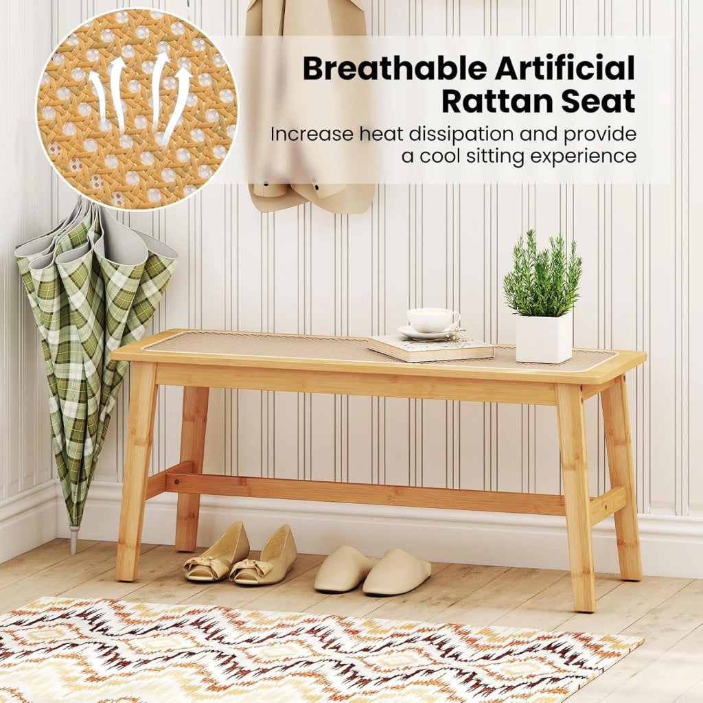 Panca d'Ingresso in Bambù, Sgabello da Pavimento con Seduta Traspirante in Rattan, Stile Rustico, 100x35x45 cm, Portata Fino a 300 kg, per Ingresso, Sala da Pranzo e Camera da Letto