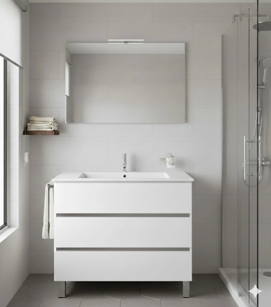 Mobile Bagno BALDER Già Montato 3 cassetti con piedini, lavabo e specchio Bianco lucido 80x45 cm