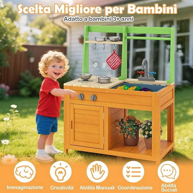 Cucina Giocattolo in Legno, Cucina da Gioco all'Aperto con Fornelli Realistici, Rubinetto, Lavandino, Forno e Accessori per Pentole, Giocattoli per Bambini dai 3+ Anni