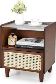 Comodino in Bambù, Comodone da Letto con Cassetto in Rattan e Scomparto Aperto, Tavolino con Piano in Vetro, 43 x 35 x 50 cm (1 Marrone)