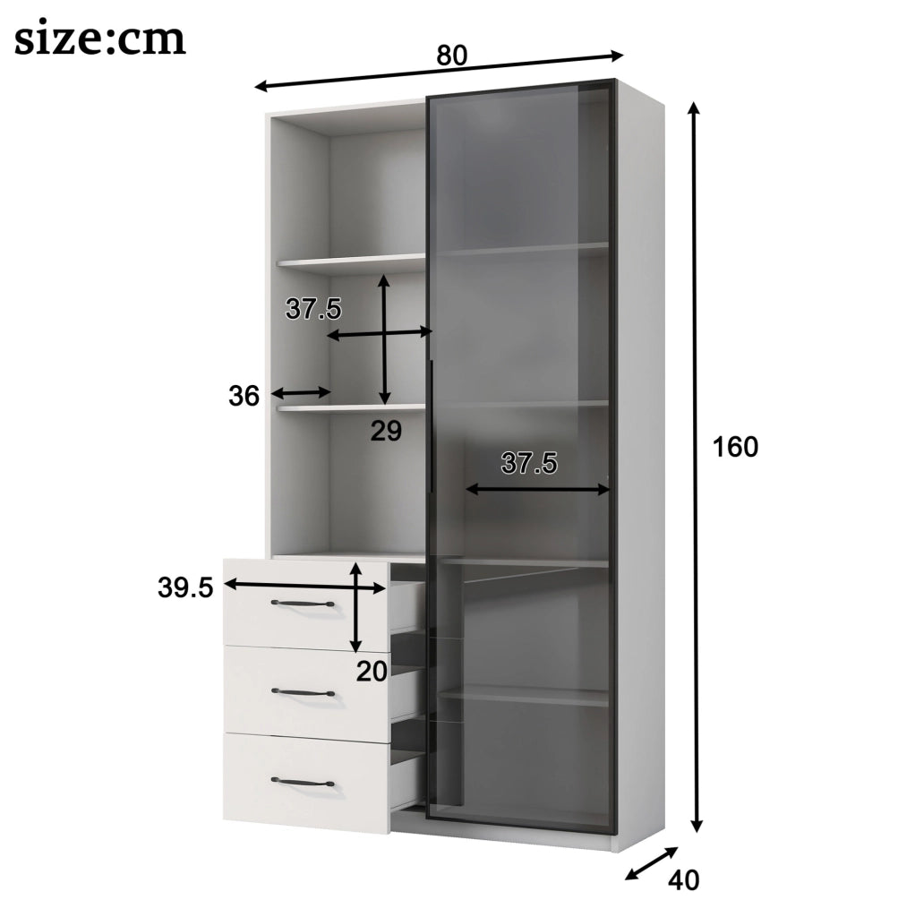 Vetrina LED 80 x 40 x 160 cm con 3 cassetti; 3 ripiani aperti e anta in vetro; bianco