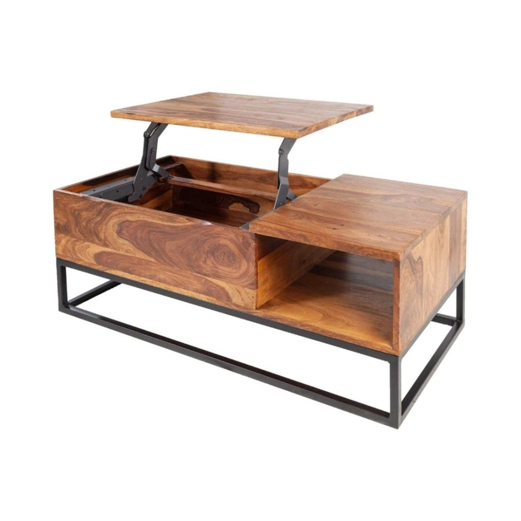Tavolino basso ORBO in legno massiccio 110 cm – Piano sollevabile e contenitori integrati