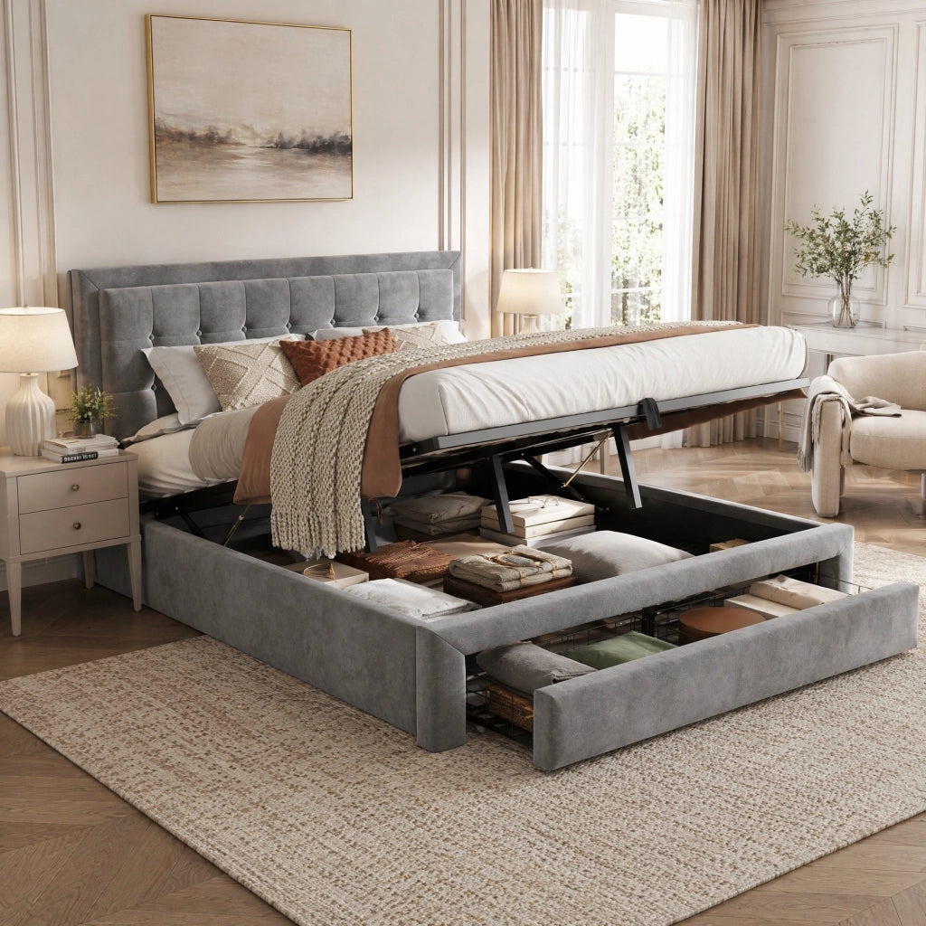 Letto imbottito 140x190 cm in velluto grigio con testiera regolabile, contenitore idraulico e cassetti