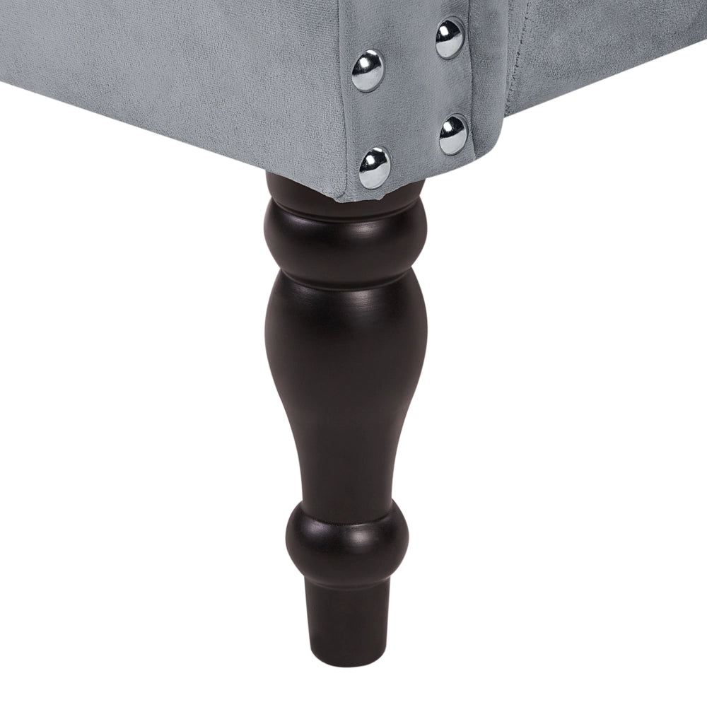Chaise longue in velluto grigio imbottito con rivestimento a destra e cuscino in stile retrò tradizionale