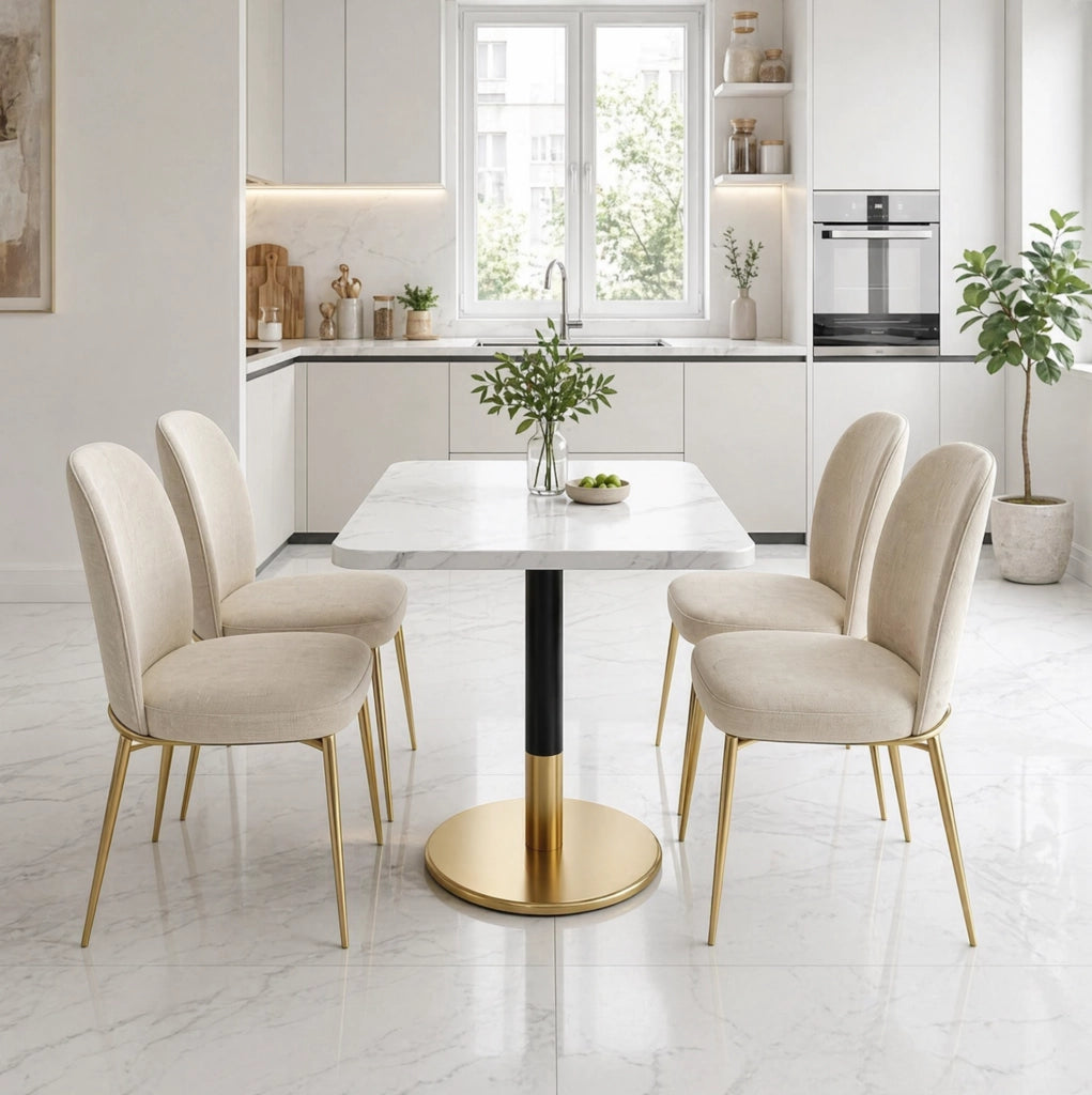 Tavolo da pranzo rettangolare 80x60 cm per 2 persone; piano effetto marmo bianco in MDF; base in metallo nero