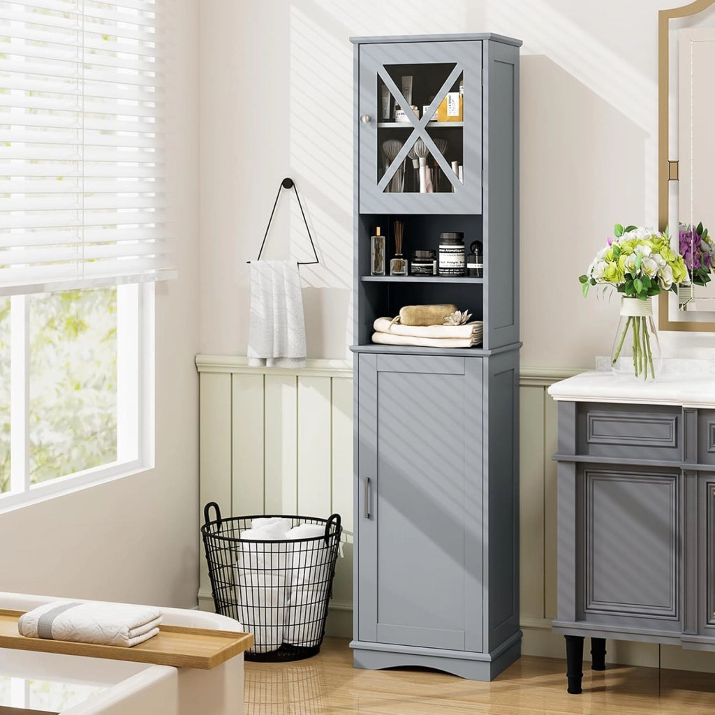 Armadietto da Bagno Slim con 2 Ante, Ripiano Regolabile e 2 Scomparti Aperti, Mobile Alto per Bagno e Soggiorno, Moderno，2 Colori