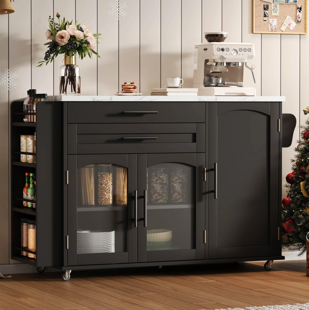 Carrello da cucina con piano pieghevole; cassetti e ante in vetro; MDF; nero