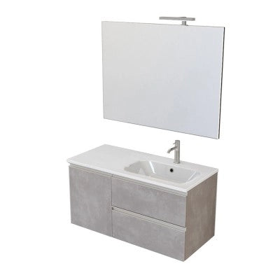 Mobile bagno sospeso 100 cm grigio cemento con cassetti e anta completo di lavabo a destra e specchio Master