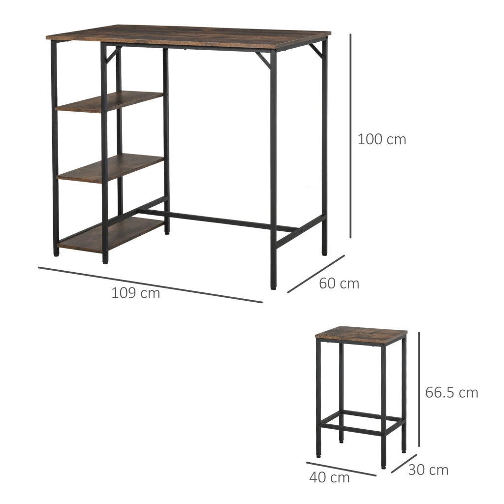 EasyComfort Set Tavolo Alto con 2 Sgabelli e Scaffale Stile Industriale in Metallo e Legno, Arredamento Moderno Bar e Cucina, Marrone Rustico