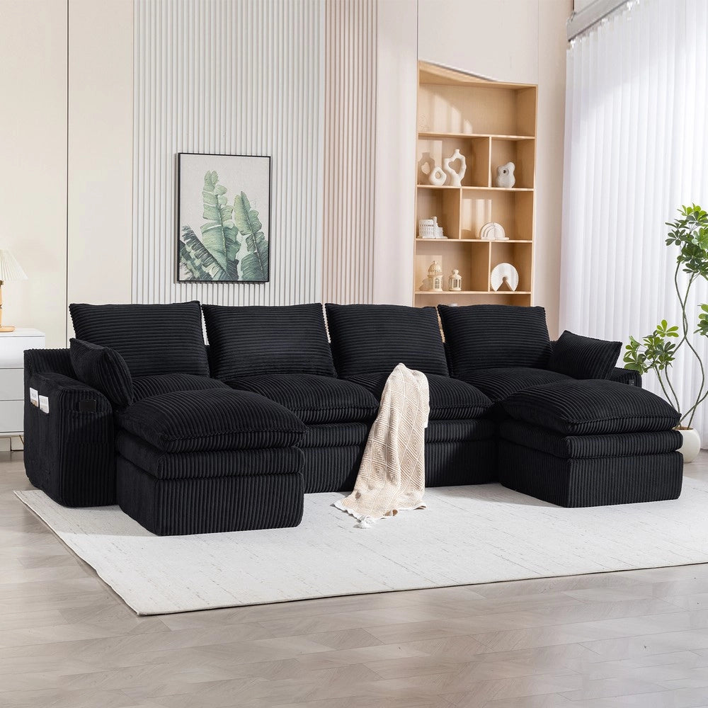 Divano Modulare 4 Posti con 2 Pouf ¨C Xylo ¨C Nero, Tessuto a Coste, Cuscini e Tasche Laterali