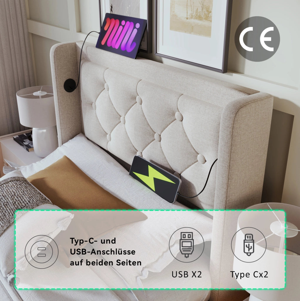 Letto singolo imbottito 90x200 cm in cotone beige con contenitore; USB Type-C e LED
