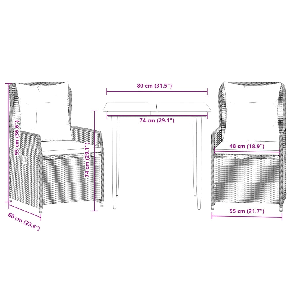 Set da Pranzo da Giardino 3 pz con Cuscini in Polyrattan Grigio 3262854