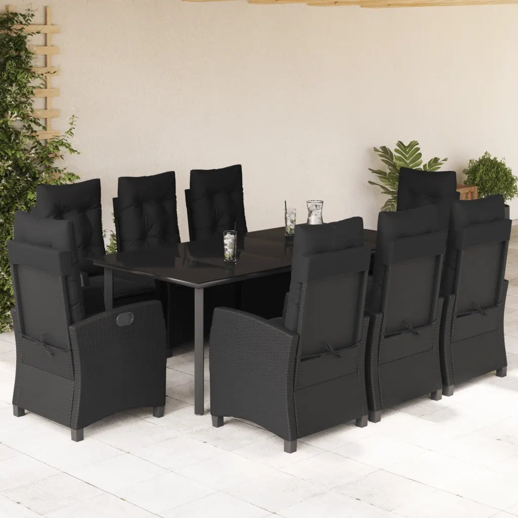 Set da Pranzo da Giardino 9 pz con Cuscini Nero in Polyrattan