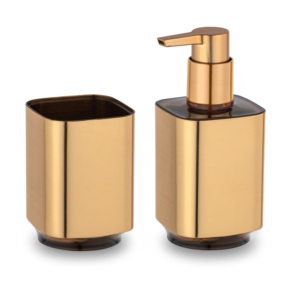 Set accessori bagno con dispenser e porta spazzolino color oro satinato e nero Lumina