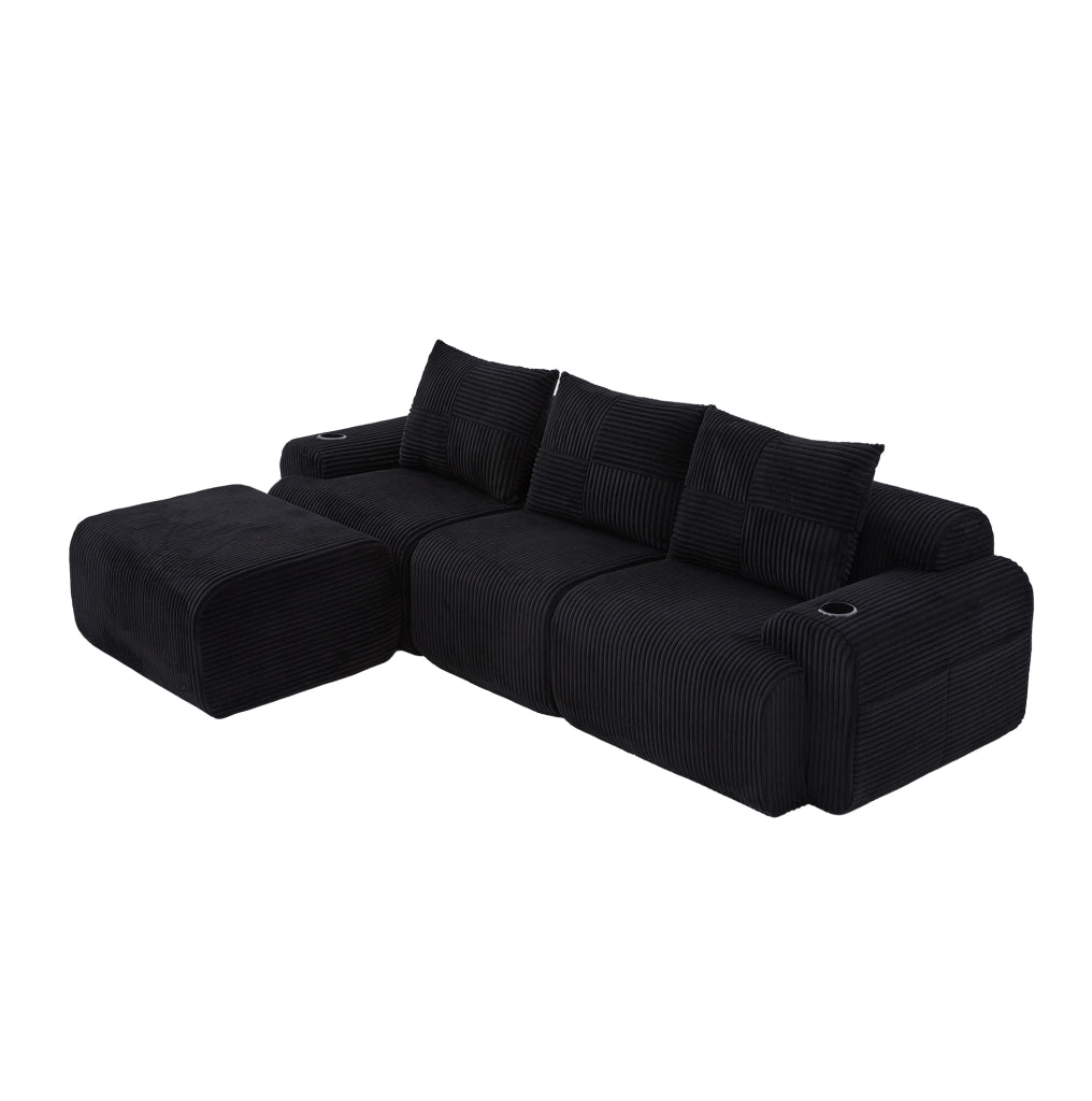 Divano modulare 3 posti 268x174x80 cm con portabicchieri e tasca laterale in corduroy nero