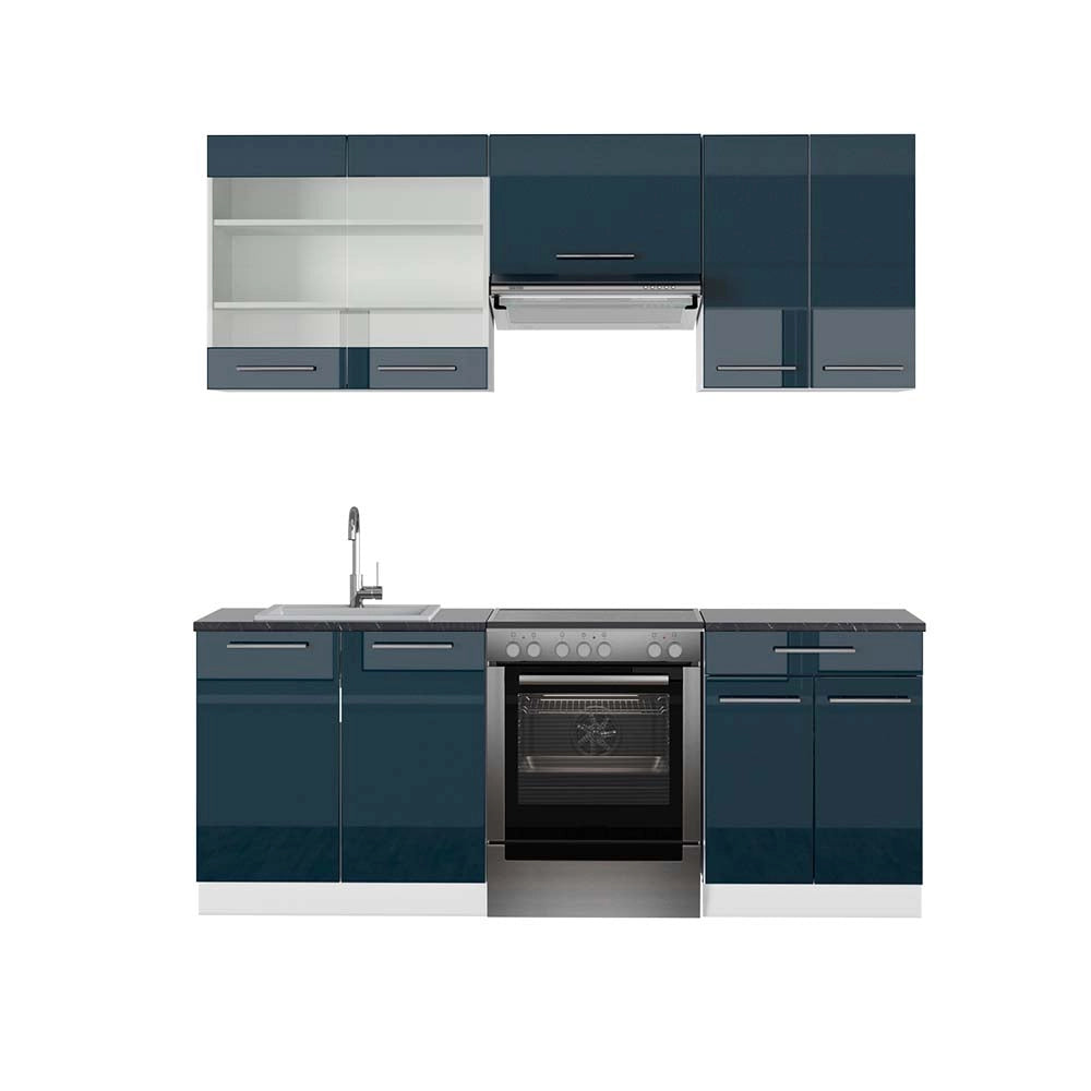 Mobili da cucina Fame-Line Blu scuro lucido/Bianco 200 cm, PL Antracite Vicco