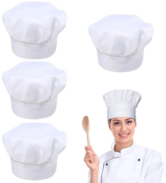Cappotti da cucina in cotone - 4 pezzi - Bianchi - Adattabili - Sostenibili - Adatti a cuochi 24 cm - Cappello da cucina