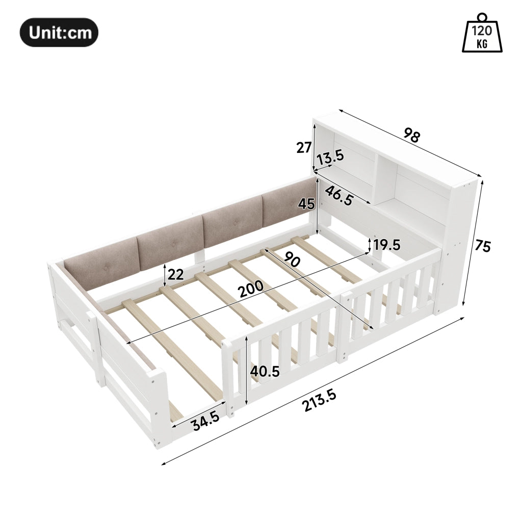 Letto per bambini 90×200 cm con testiera imbottita; LED e sponde di sicurezza; senza materasso; bianco