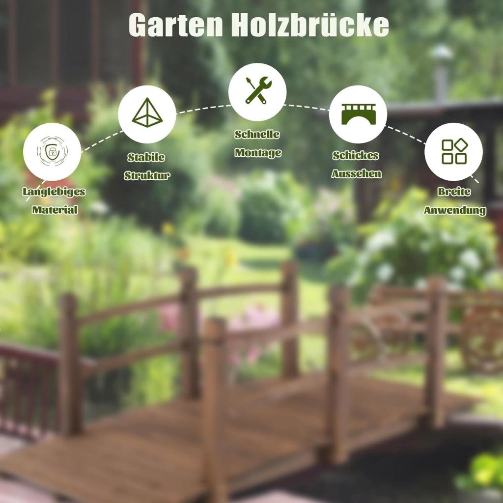 Ponte da Giardino in Legno di Abete Carbonizzato con Ringhiere, Ponticello Grande Calpestabile per Giardino e Stagno Portata 150 kg, 172 × 76 × 58 cm, Marrone