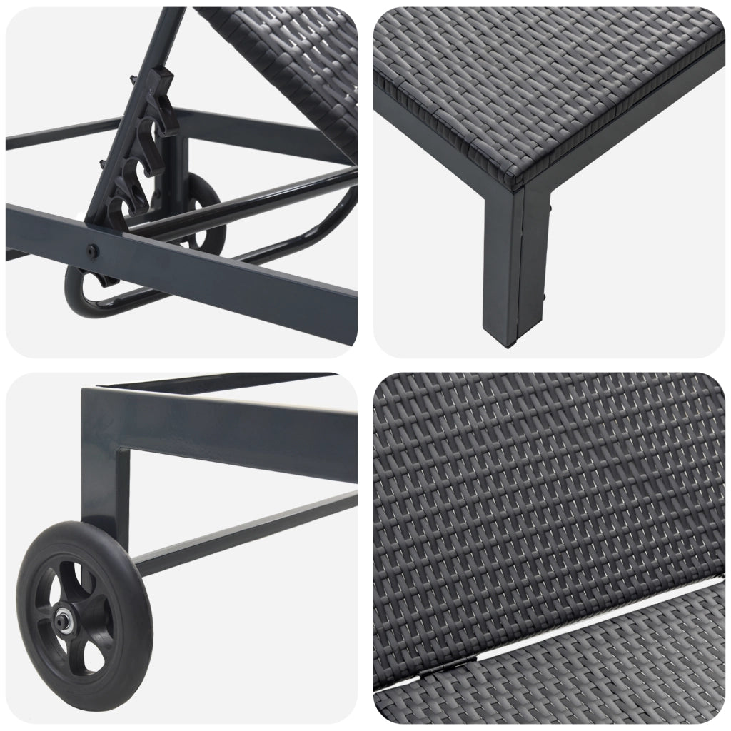 Lettini 2 pcs con Ruote e Tavolo Nero Polyrattan