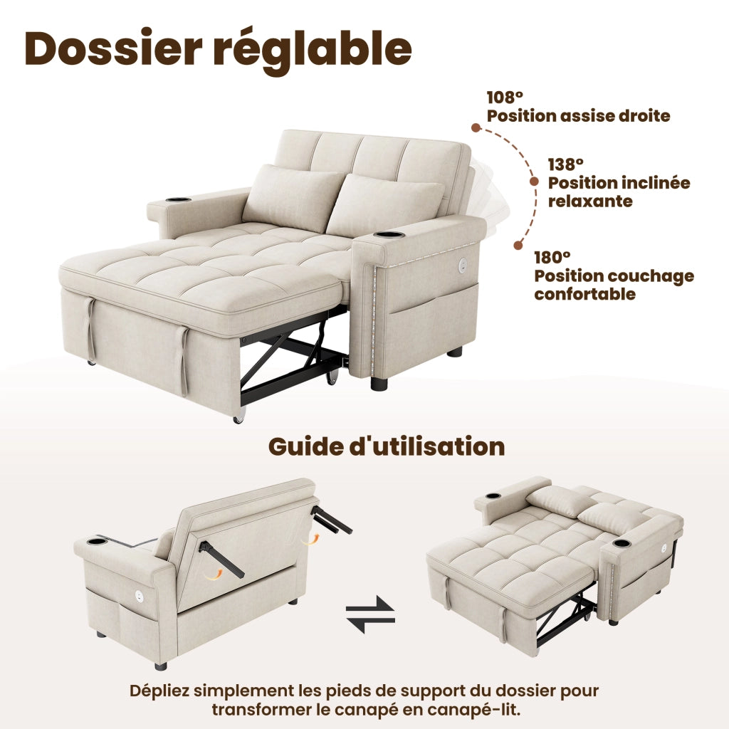 Divano letto 2 posti con schienale regolabile; LED; USB/Type-C; tasche laterali in chenille beige