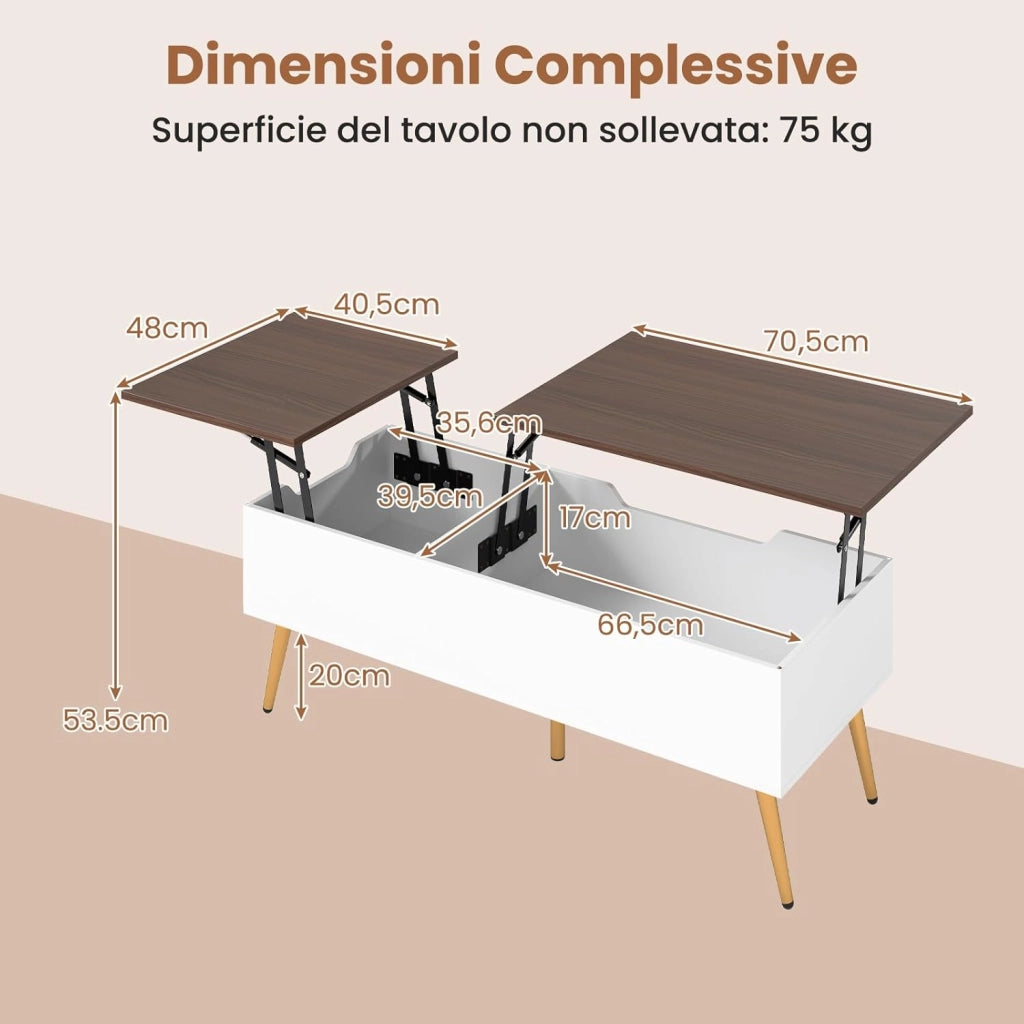 Tavolino da Caffè con Piano Sollevabile, Tavolino Moderno con 2 Scomparti Nascosti e Gambe in Metallo, Tavolo per Soggiorno, Studio e Ufficio, 111 x 48 x 40-53,5 cm (Noce)