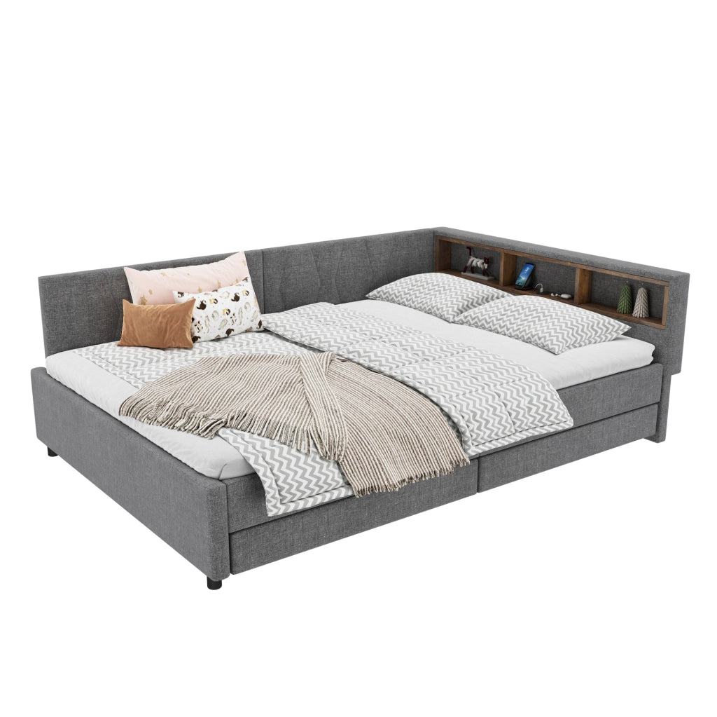 Letto da giorno 140x200 cm grigio con LED, USB-C e cassetti
