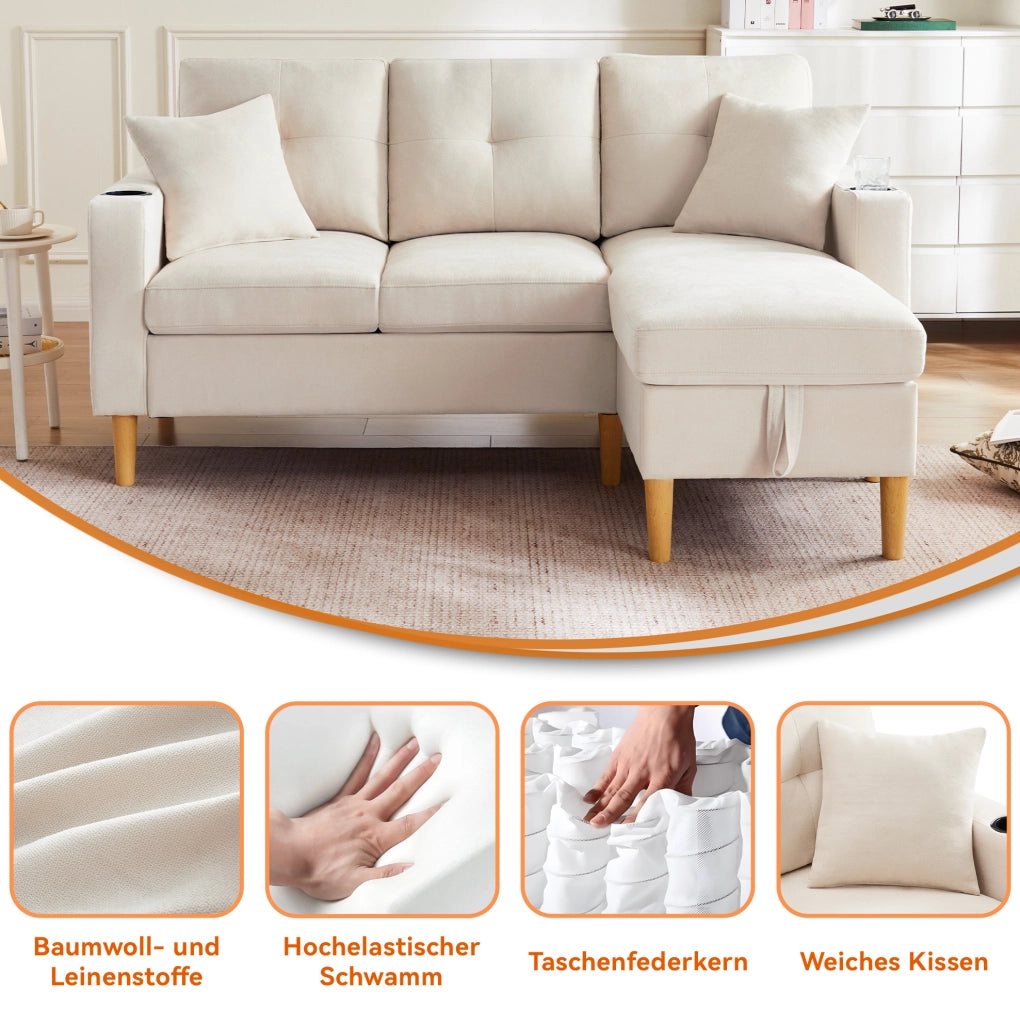 Divano angolare 3 posti con chaise longue reversibile beige