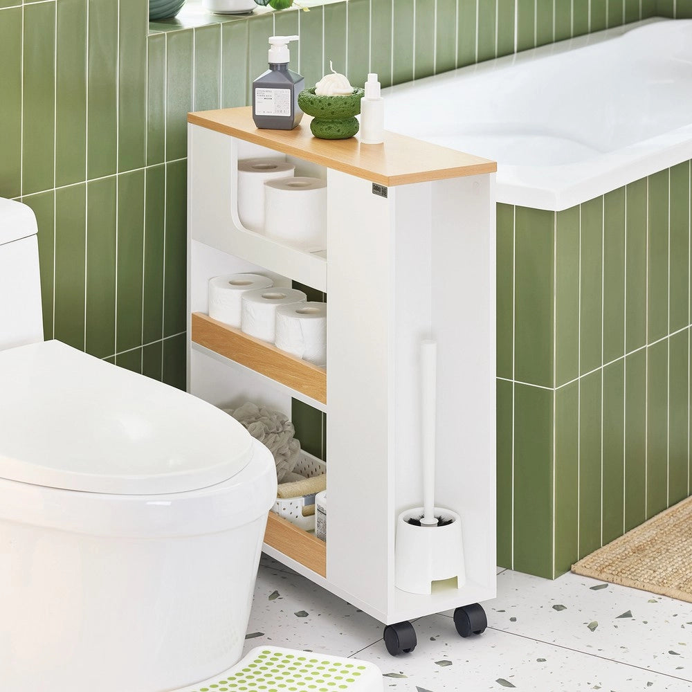 SoBuy Mobiletto Bagno Salvaspazio con Ruote Colonna Stretto 3 Ripiani con Uscita Carta, Scomparto Porta Scopino Armadietto Lavanderia per WC Bianco Legno 60x20x71cm BZR190-WN