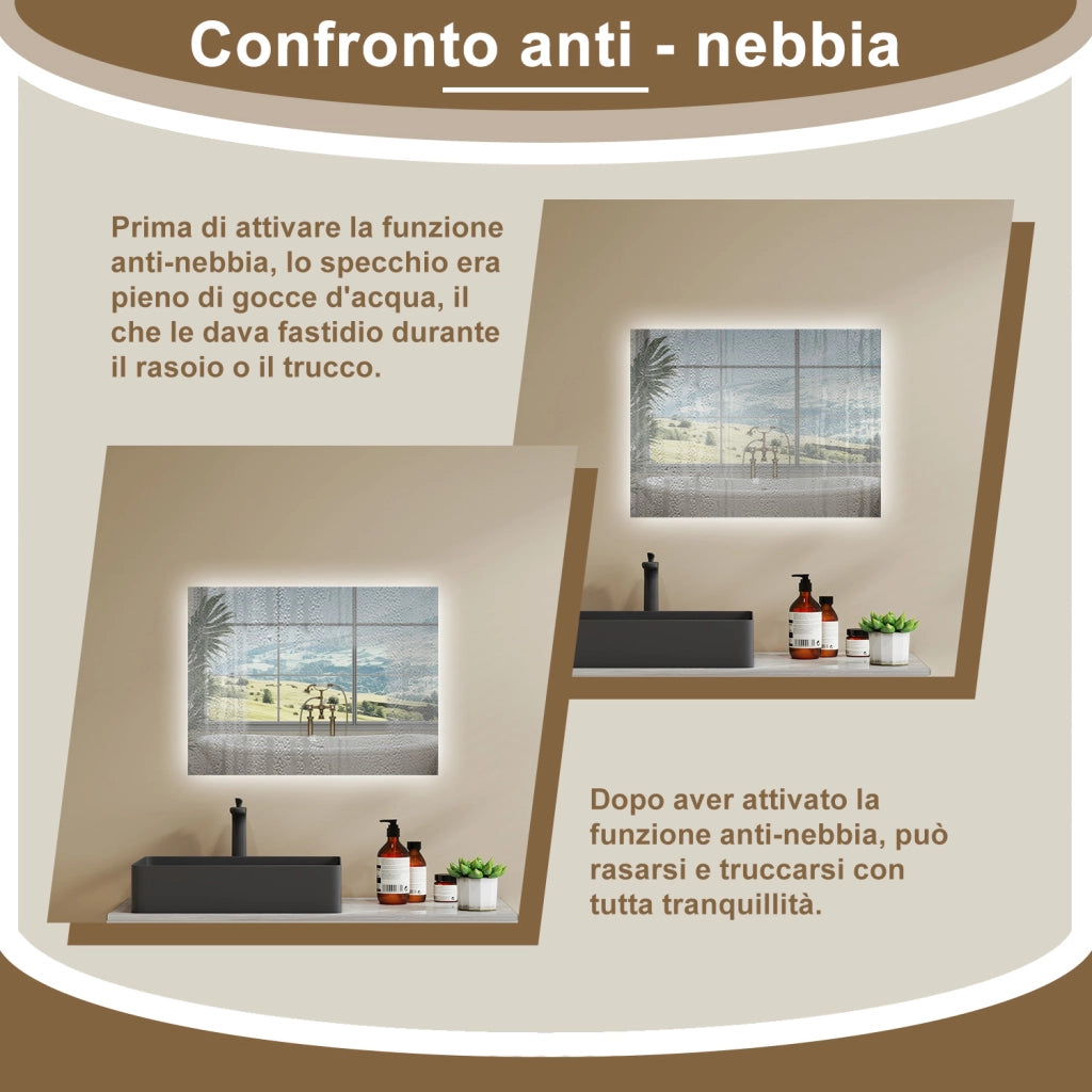 AICA SPECCHIO DA BAGNO CON LED, 80x60cm, Disappannamento, Funzione Memoria, Infinitamente Dimmerabile